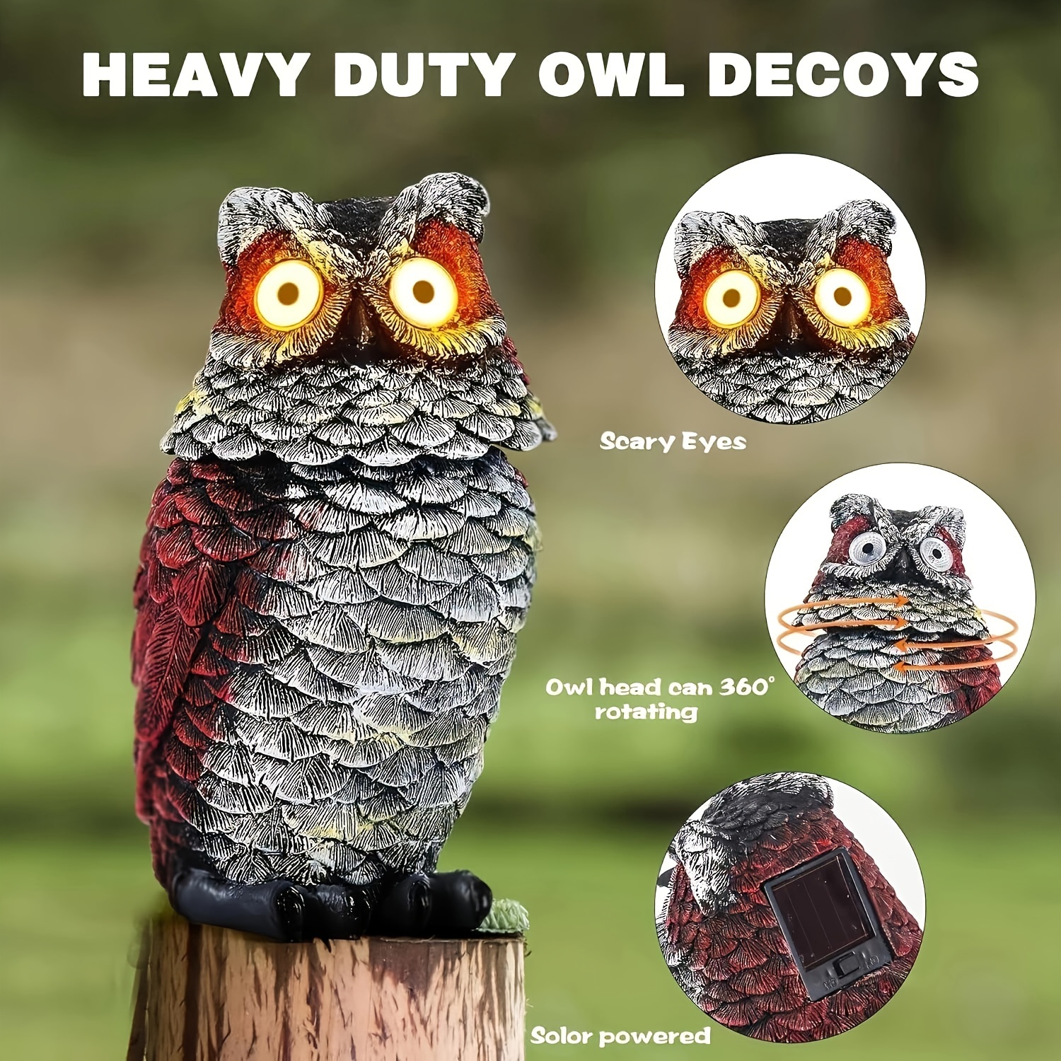 1pc garden owl statue rotating head owl decoys for garden yard outdoor resin owl figurines with solar powered   to scare birds away outdoor owl decorations for patio yard porch lawn ornament gift details 2