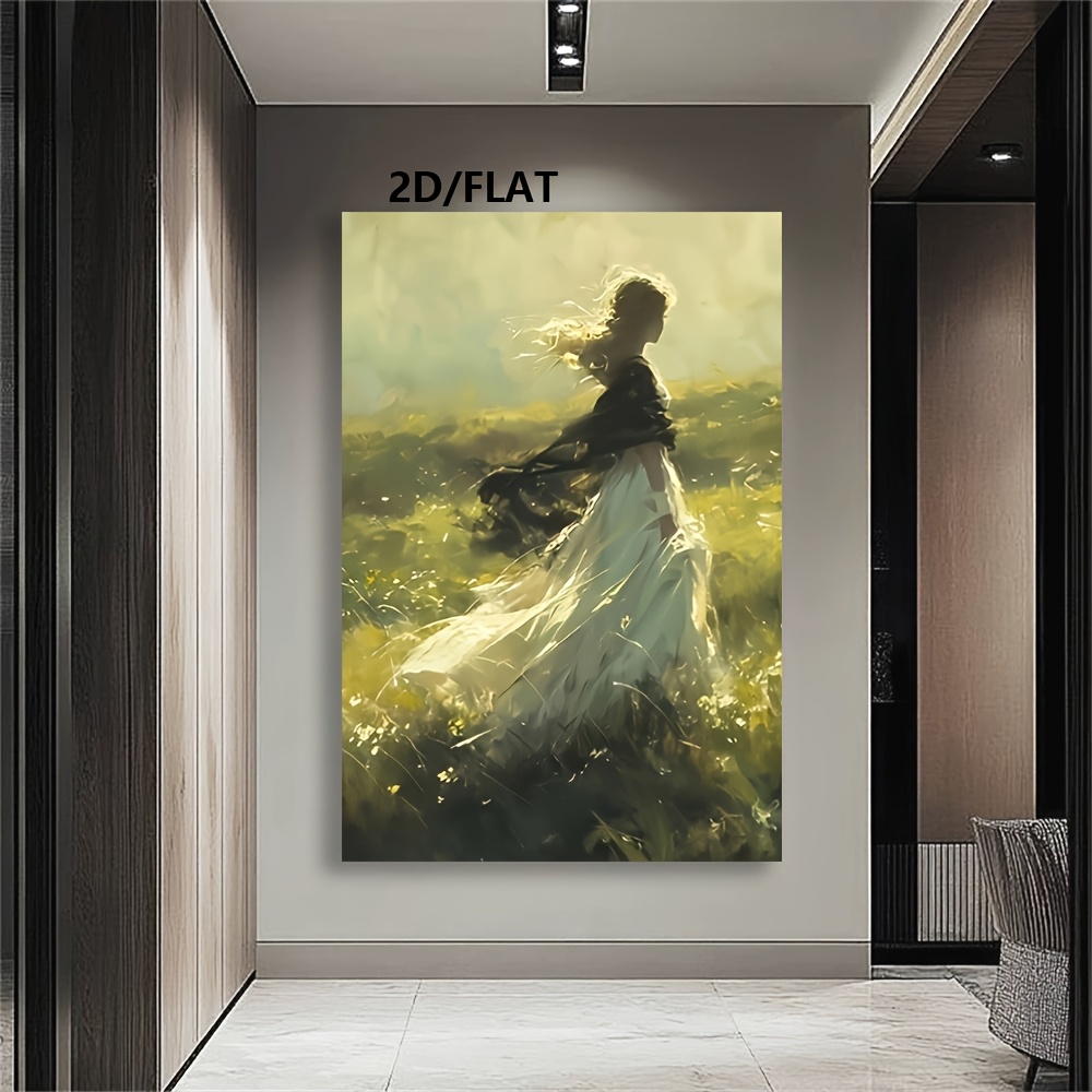TEMU 2d Flat, Hand-painted Oil Painting | Featuring Abstract And Minimalist Characters, A Beautiful White Dress, Green, And A Beautiful And Elegant