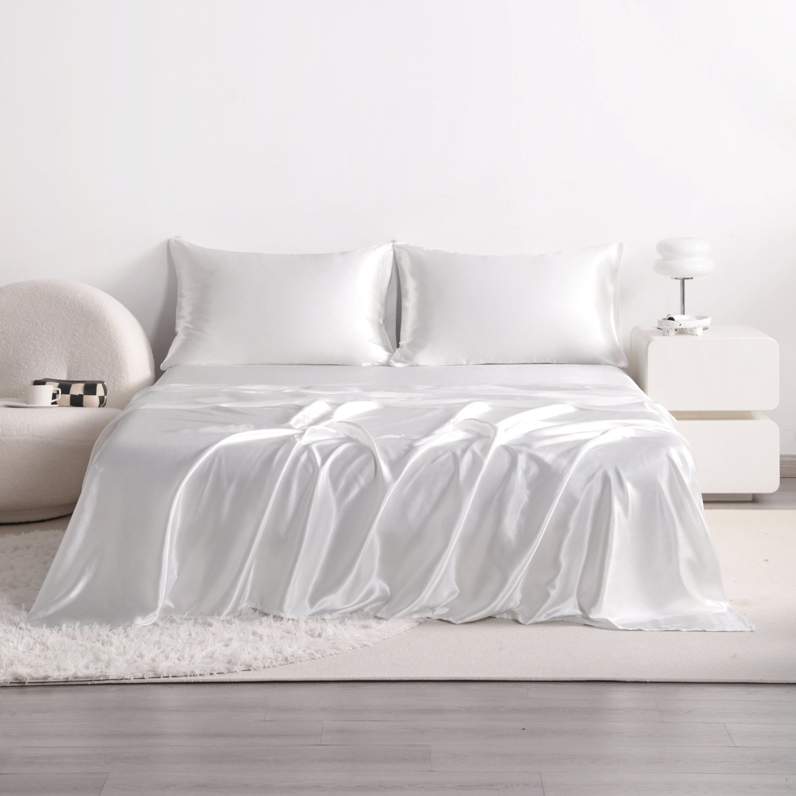 

3/4pcs Satin Bed Sheet Set, Flat Sheet & Fitted Sheet & Pillowcase Set