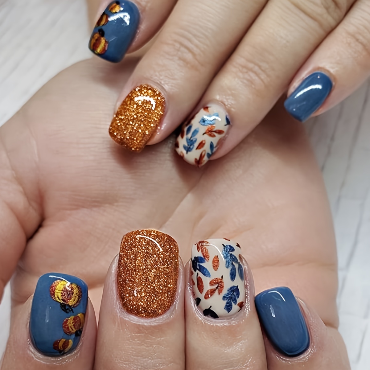 

Thanksgiving Pumpkin Maple Leaf Design Press On Nails - Blue & Shape, Short Length - With Plant Pattern, 24 Pcs Set With Nail File And Jelly Glue