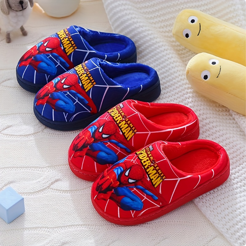 Pair of Kids' Plush Slippers with Spider-Man Print Design, New Autumn/Winter Style for Boys - Black/Blue/Red Options, Easy Slip-On Baby Shoes, Lightweight and Comfortable Indoor Floor Mats, Perfect Holiday Gift, Ideal for Fall Winter Summer, Fashion Statement, Winter Accessory, Cartoon Print, Kids Footwear, for Teenager, for Outdoor