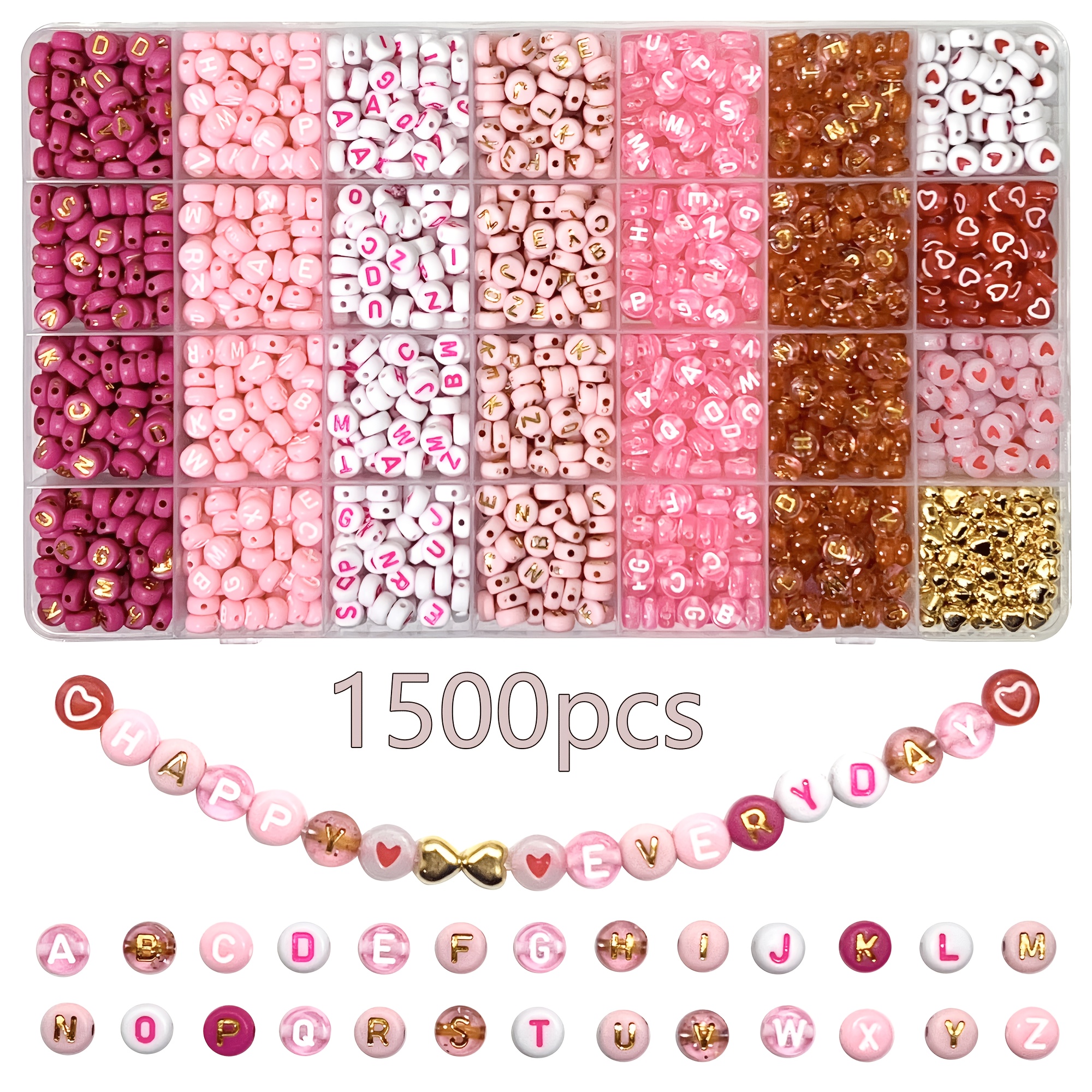 E-shop 750/1500 Stück Hochwertiges Pinkes Weißes, Goldenes Buchstaben-Perlen- und Herzförmige Acrylperlen-Kombinationsset - Schmuckherstellungsset -