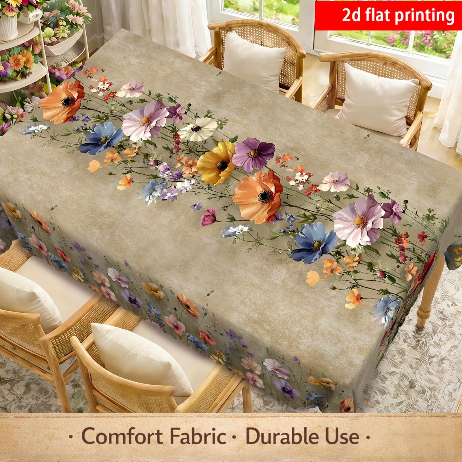 TEMU 2d Flat Printing, 1pc, Floral Tablecloth With Elegant Multicolor Flowers, A Gift For Flower Lovers, Ideal For Home Kitchens, Dining Rooms,