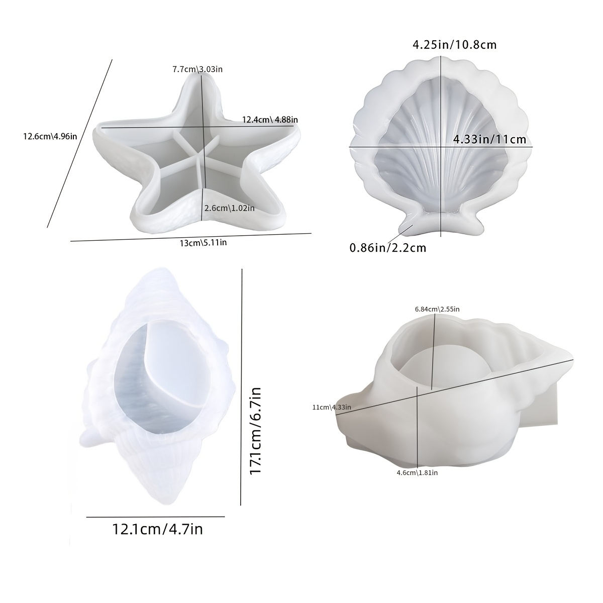 E-shop Tonformen 4-teilig Ozean Aufbewahrungstablett Duftkerzenbecher Silikonformen, inklusive unregelmäßiger Seesternform, Muschelform, große und
