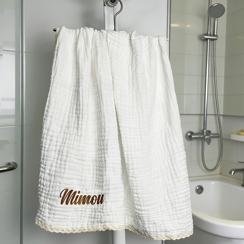 TEMU Custom Embroidered Name Bath Towel - 6-layer Gauze Bathrobe With Lace Trim, Personalized Name Beach Towel, Air Conditioning Blanket, Simple Nap