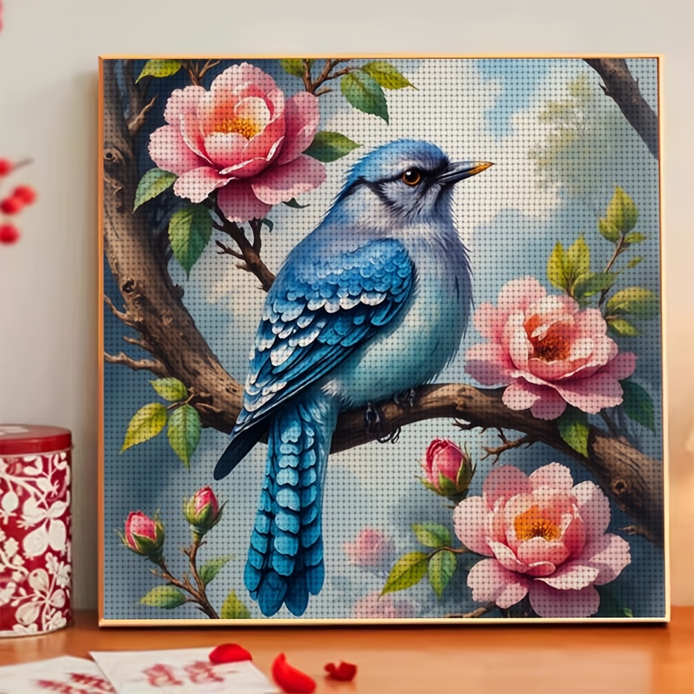 Frameless Cross-Stitch Print Kit, Blue Bird Perched on Flower Branch