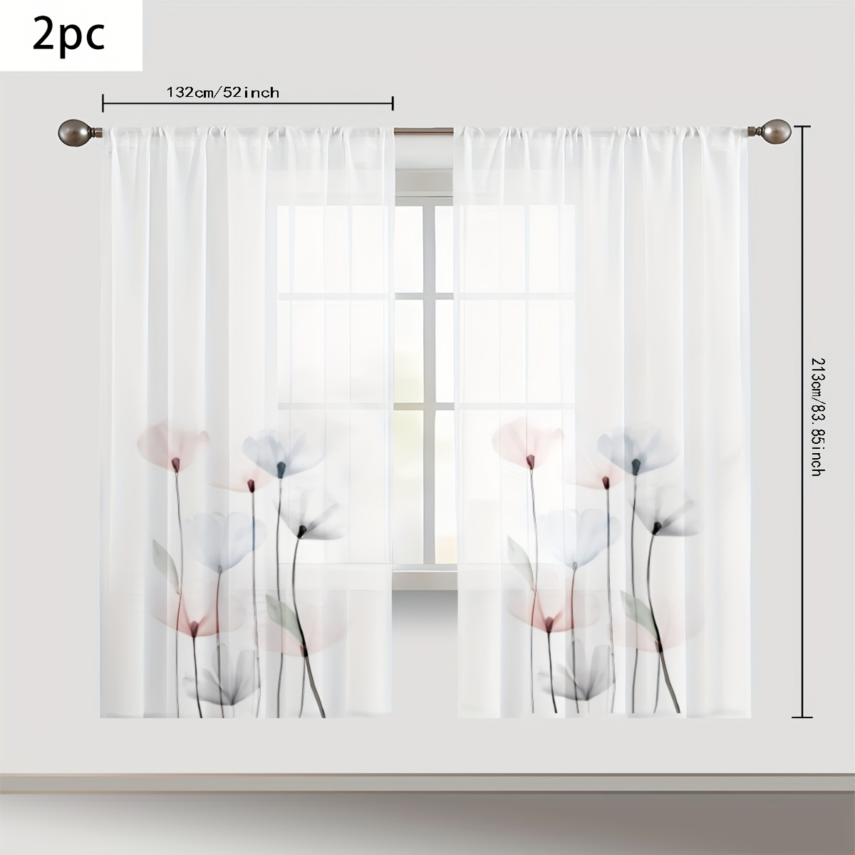 TEMU 2pcs Rideaux Floraux Peints à de Rêve - Polyester Respirant Semi-Transparent avec Motif Floral Vertical, Filtrage Lumière pour Intimité dans &