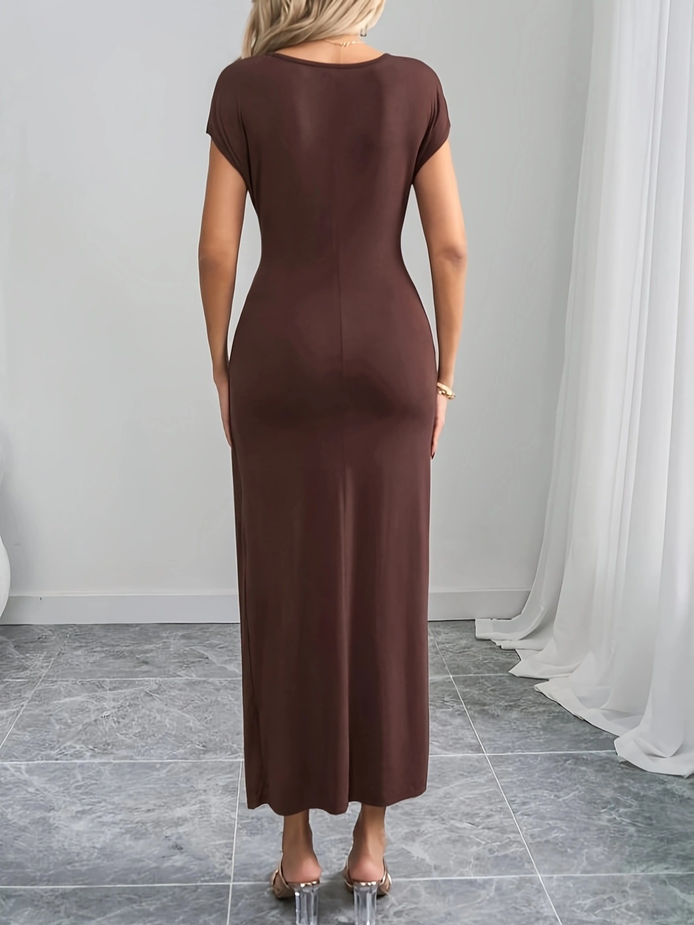 Women's Elegant A-Line Midi Dress with Belted Waist Golden-Tone Detail  100% Polyester, Machine Washable, Summer Office to Casual Wear, Solid