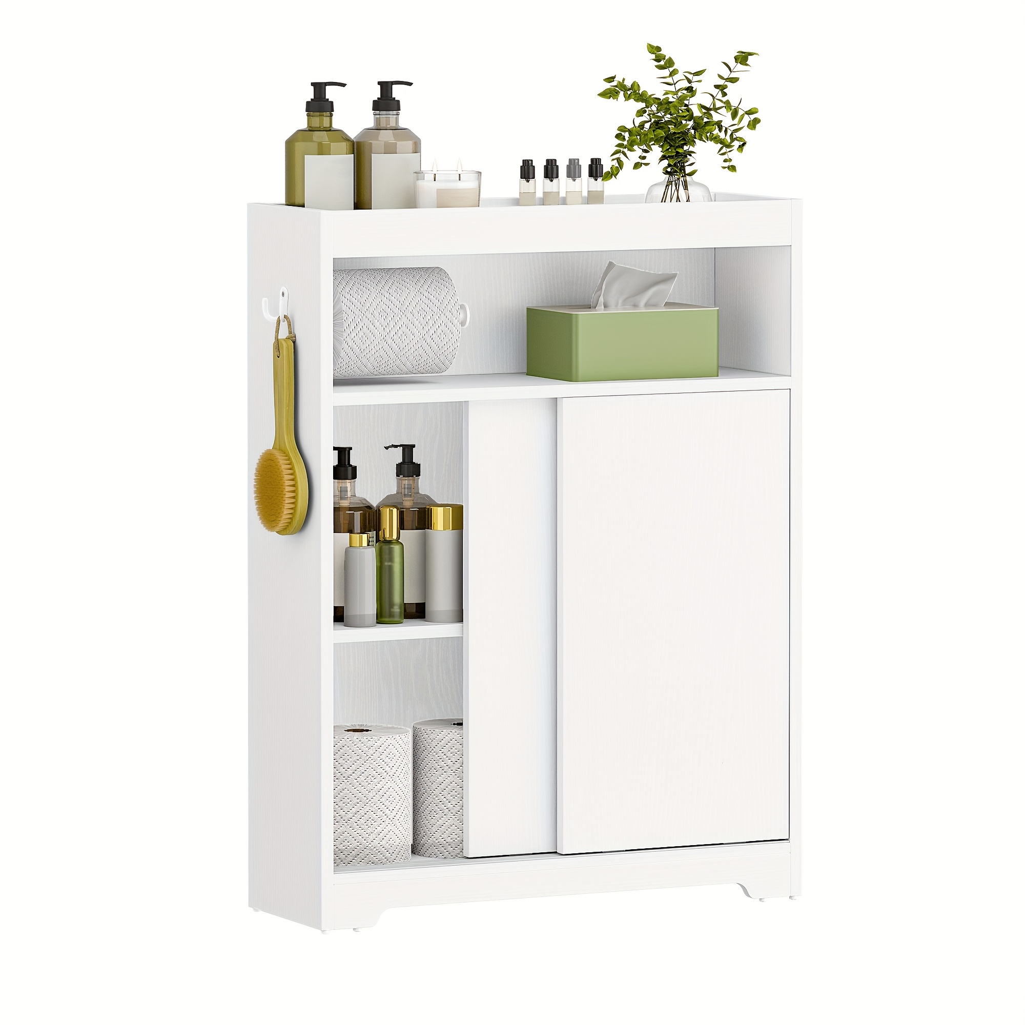 TEMU Mobiletto da bagno, mobiletto a incasso, mobiletto da bagno salvaspazio con porta carta igienica e ganci, porta scorrevole, ripiano regolabile,