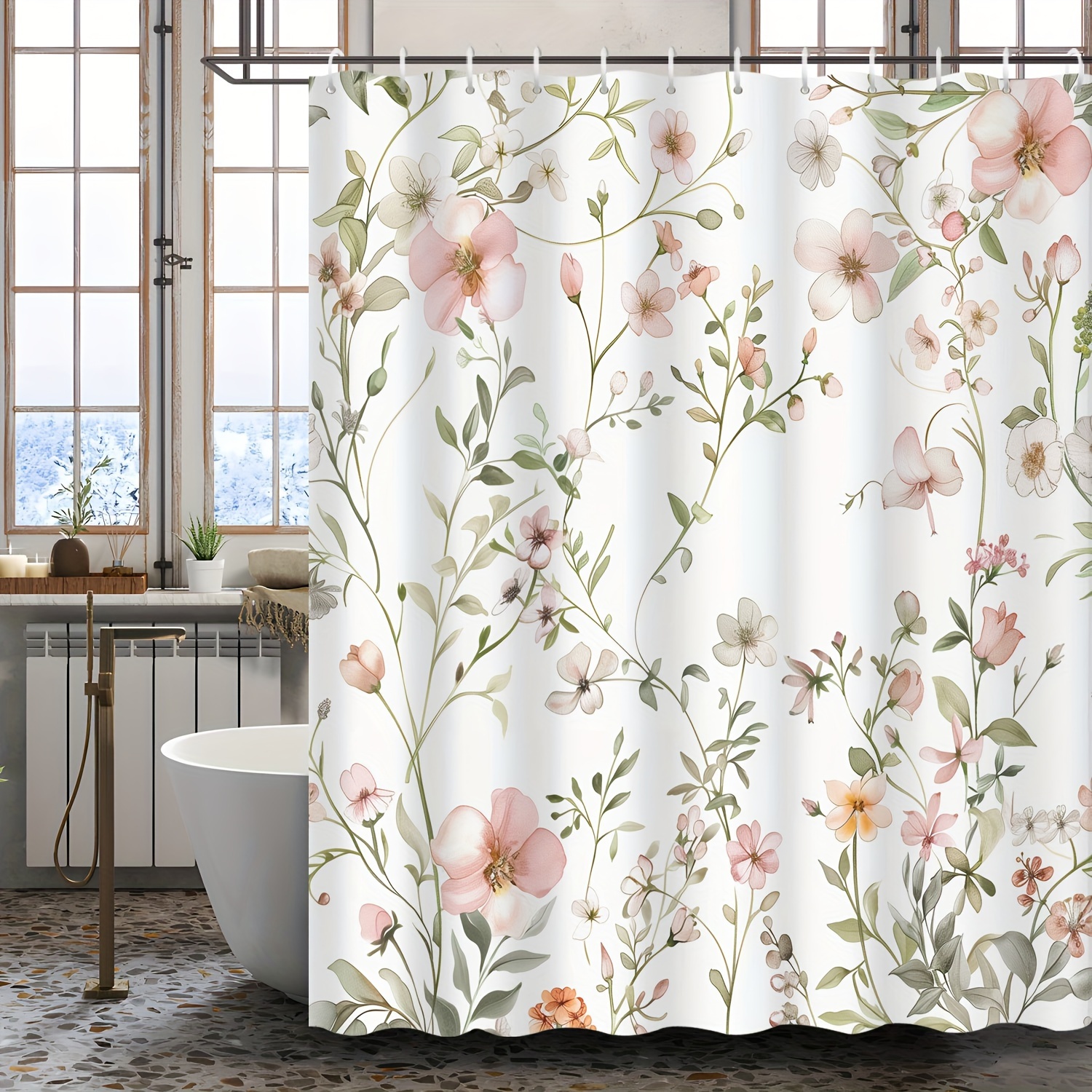 

1pc Pink Floral Plant Leaves Tropical French Small Floral Print Waterproof Shower Curtain Hotel Apartment Toilet Bathroom Shower Curtain Hanging Wall Decoration 72inch*72inch With 12 Hooks