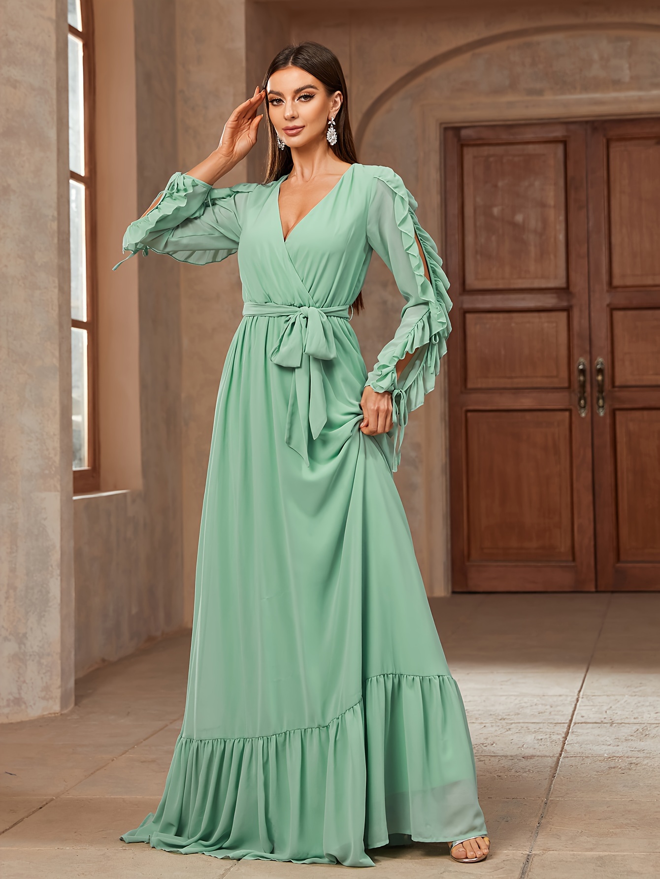 sachin and babi light blue dress chiffon ruffle long sleeve dress women's clothing temu