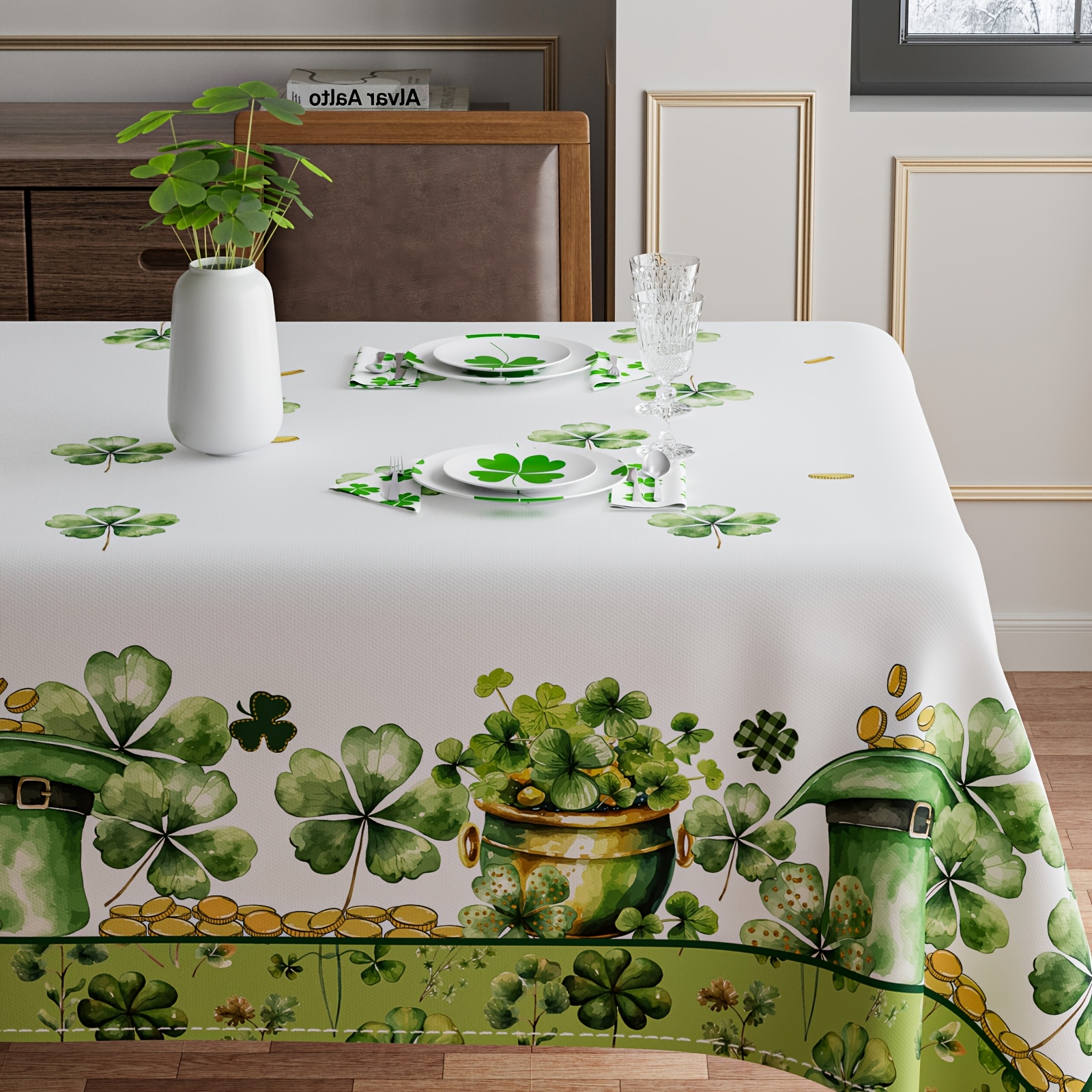 

1pc St Patrick's Day Polyester Tablecloth - 60x84 Inch, Washable, Watercolor Shamrock Design, Rectangular Woven Table Cover, Green And White, Holiday Party Dinner Decor