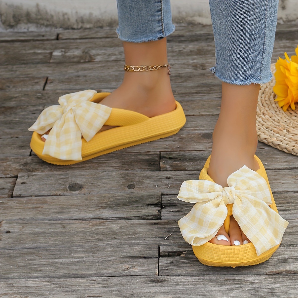 womens solid color flip flops platform soft sole slip on   bowknot slides non slip summer eva beach slides Product details 4