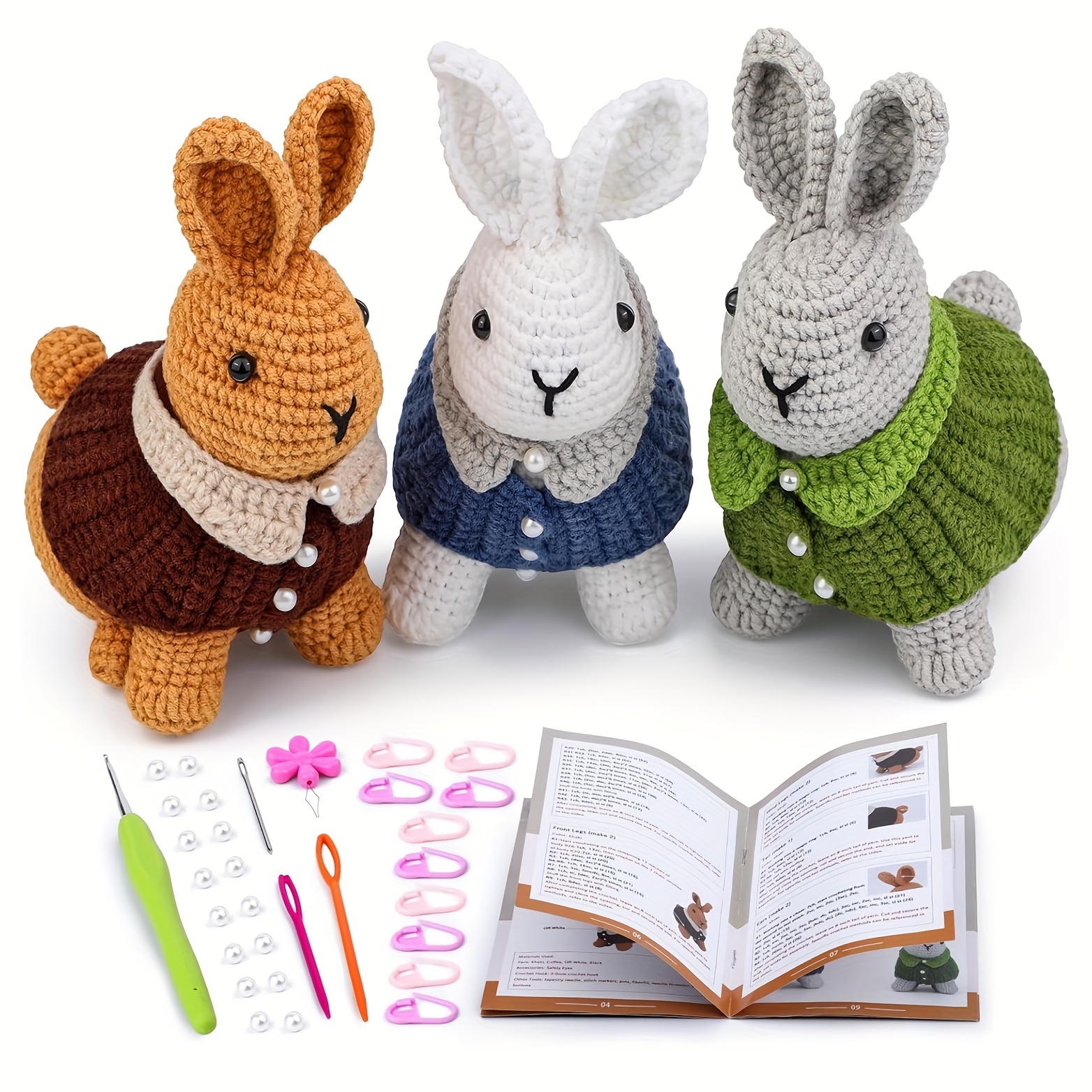 

3pcs Crochet Kit For Beginners, Rabbit Crocheting Animals Kits With Step-by-step Video Tutorials, Knitting Supplies For Adults, Crochet Hooks Yarn Diy Craft Art