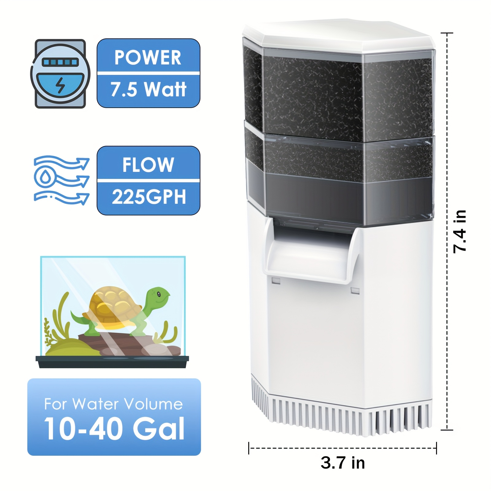 TEMU Aquamiracle Turtle Filter 225/ 265gph Low Water Level Filter For 10-40/ 30-60 Gallon Water, Waterfall Reptile Filter For Turtle & Terrariums, Without Battery