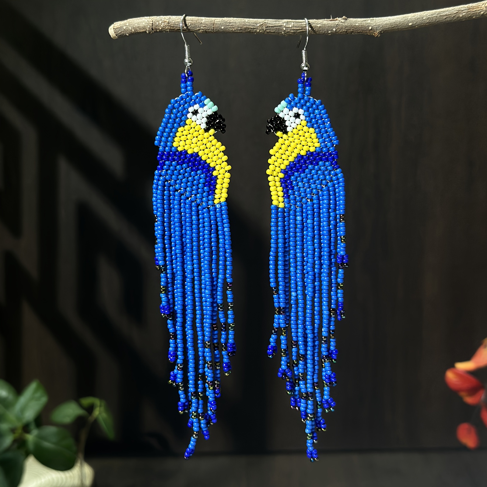 Image of Bohemian Style Parrot Glass Bead Tassel Earrings, Animal Jewelry For Christmas And Valentine's Day Gifts