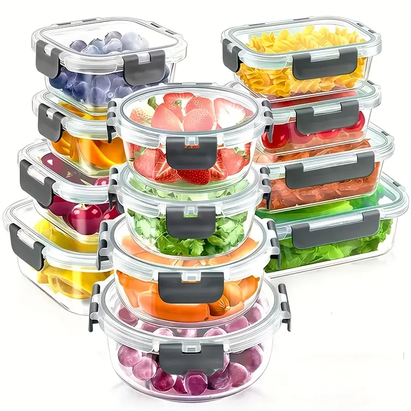 24pcs 12 containers 12 lids glass food storage containers with lids meal prep pantry kitchen lunch storage containers leak proof sealed glass lunch box for microwave oven fridge and dishwasher Product details 6