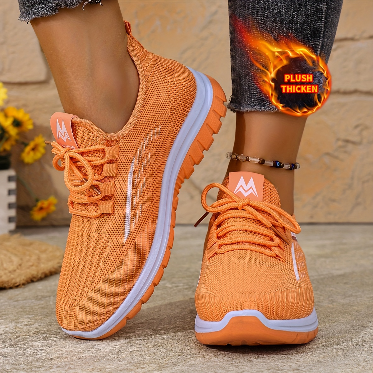 Winter Warm Thickened Sneakers with Thermal & Cushioned Sole - Flexible Fabric Upper &  Outsole, Cozy Orange Winter Shoes for Cold Weather, Casual Walking, Gym, Everyday Use