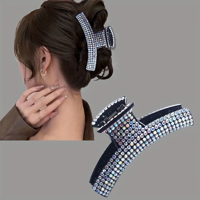 TEMU Elegant Rhinestone Hair Claw For Women, Large Rectangular Plastic Hair Grip For Daily Use And Face Washing, Hair Catching