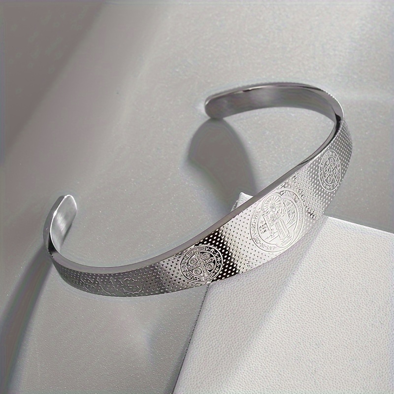 Unisex Stainless Steel Open Bangle Bracelet with Cross Design