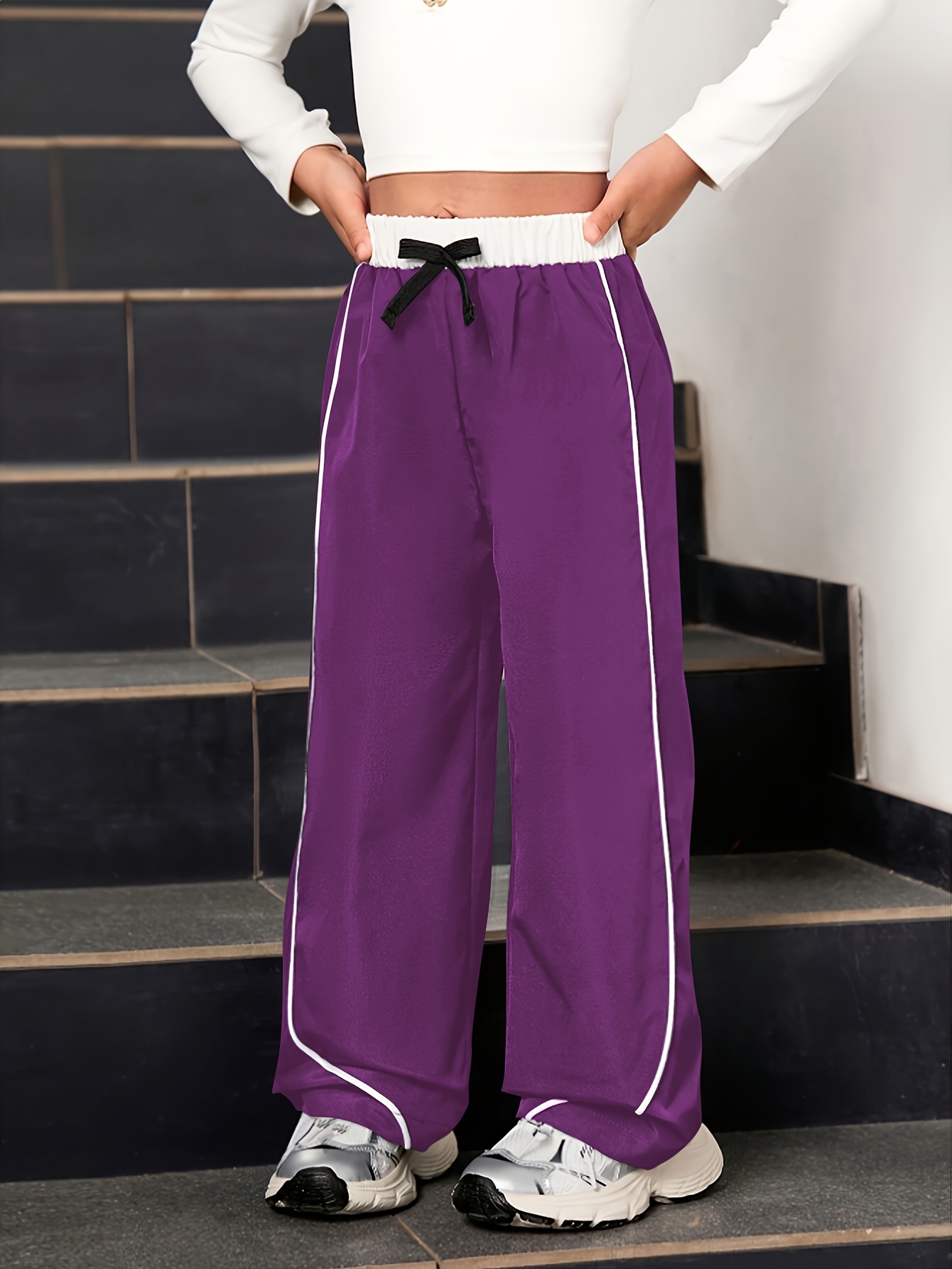 Girls' Color-Block Webbing Windproof Cargo Wide-Leg Pants