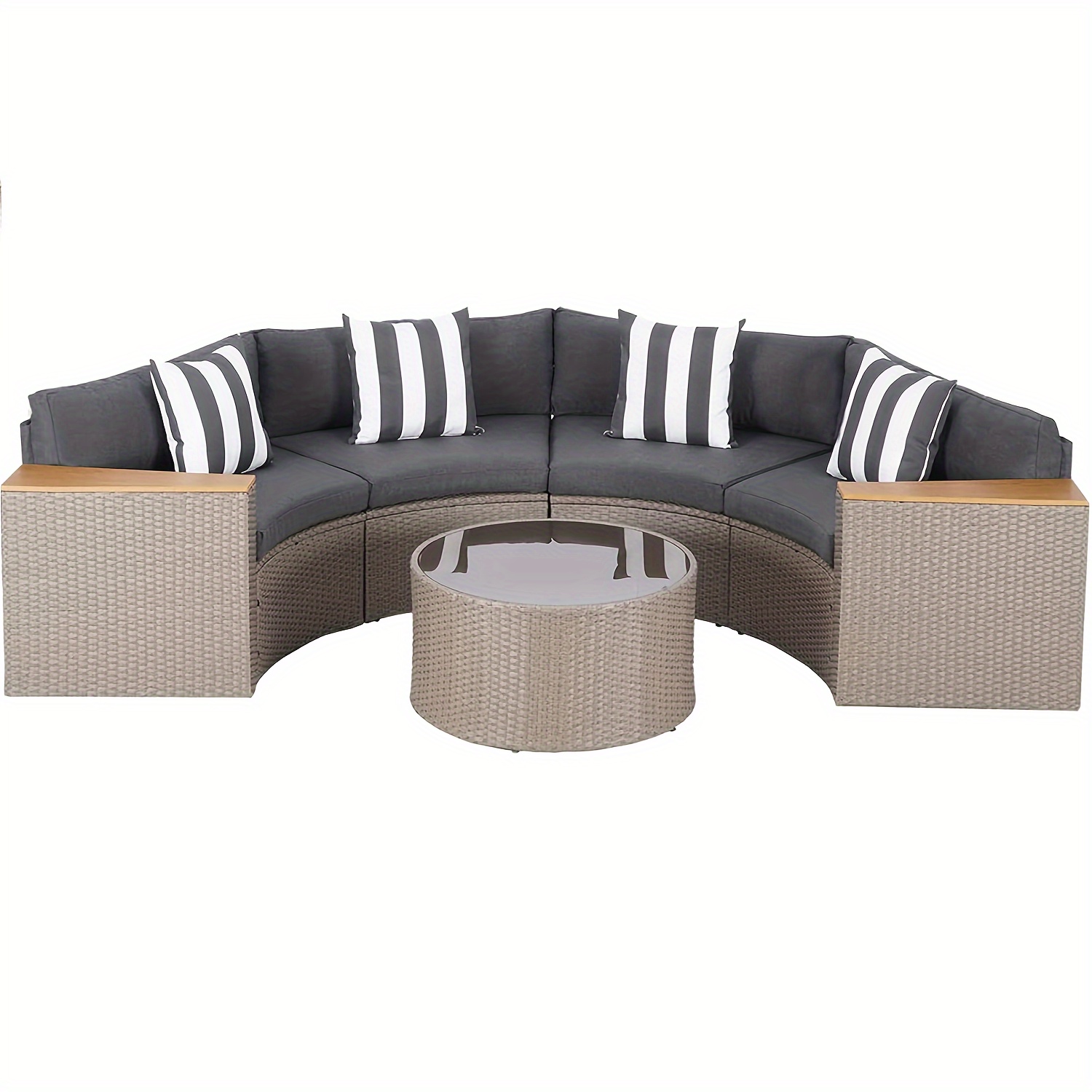 Outdoor Half Moon Patio Furniture 5pcs Curved Outdoor Sofa, All-Weather Outdoor Sectional Furniture Patio Conversation Sets with Round Tempered Glass Top Table with Cushion