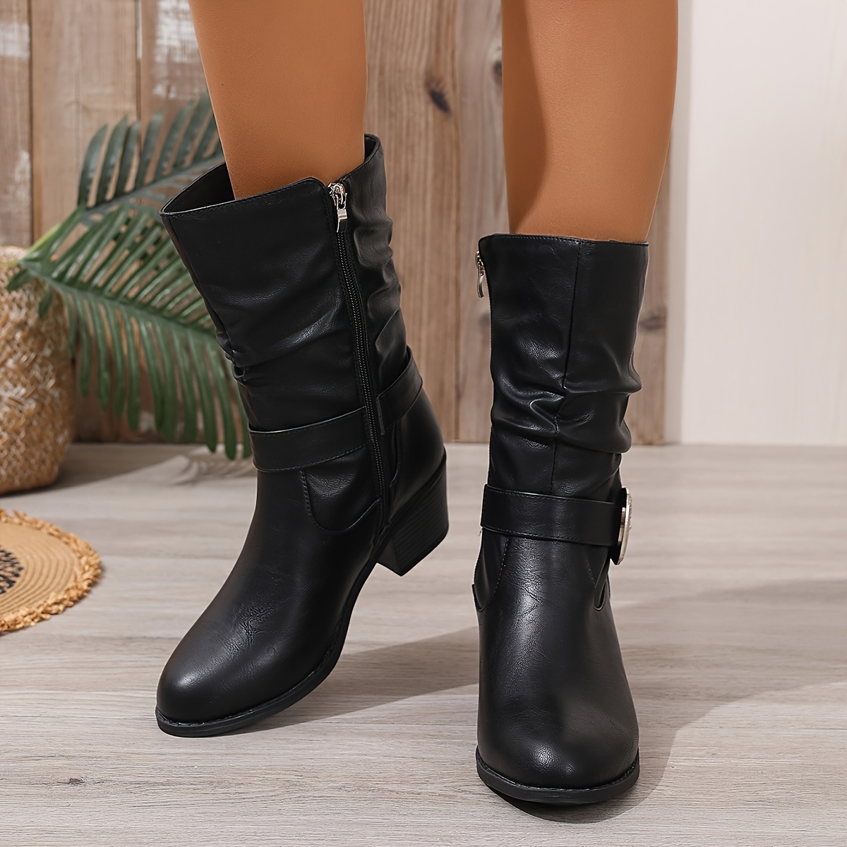 womens brown pu cover calf boots side zipper chunky heel Temu Chile