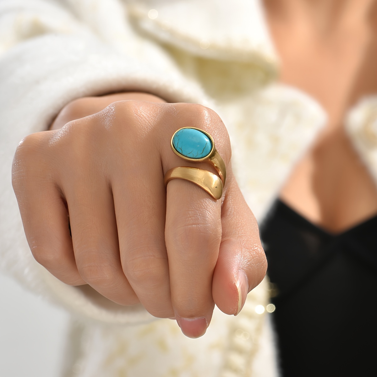 

Inlaid Faux Turquoise Wrap Ring Vintage Style Zinc Alloy Finger Ring Jewelry Accessory