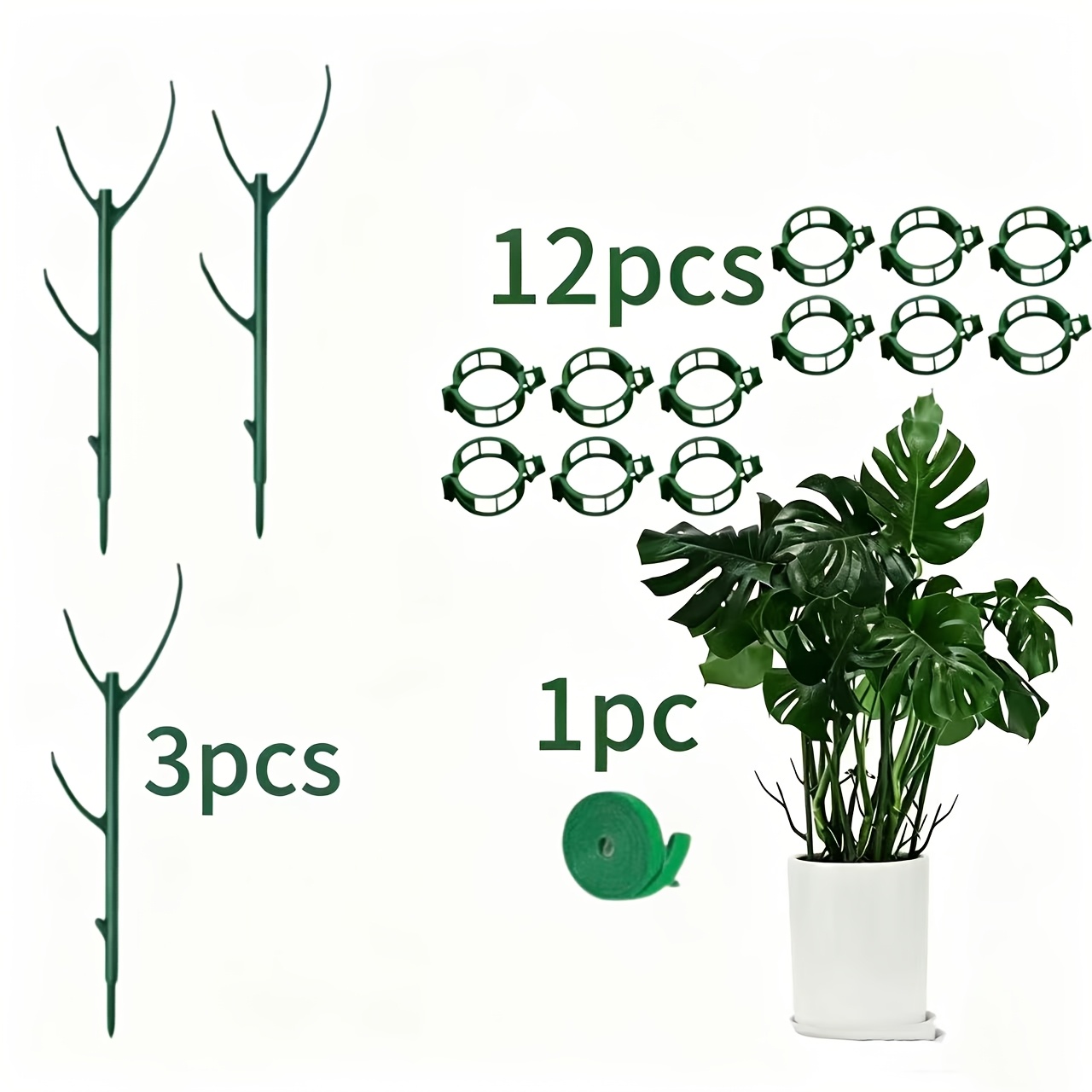 TEMU 16pcs Monstera Plant Support Rod Set, Including 3pcs Support Stands And 1 Roll Of Tape And 12pcs Plant Clips, Stackable Tall Rod With Bundling,