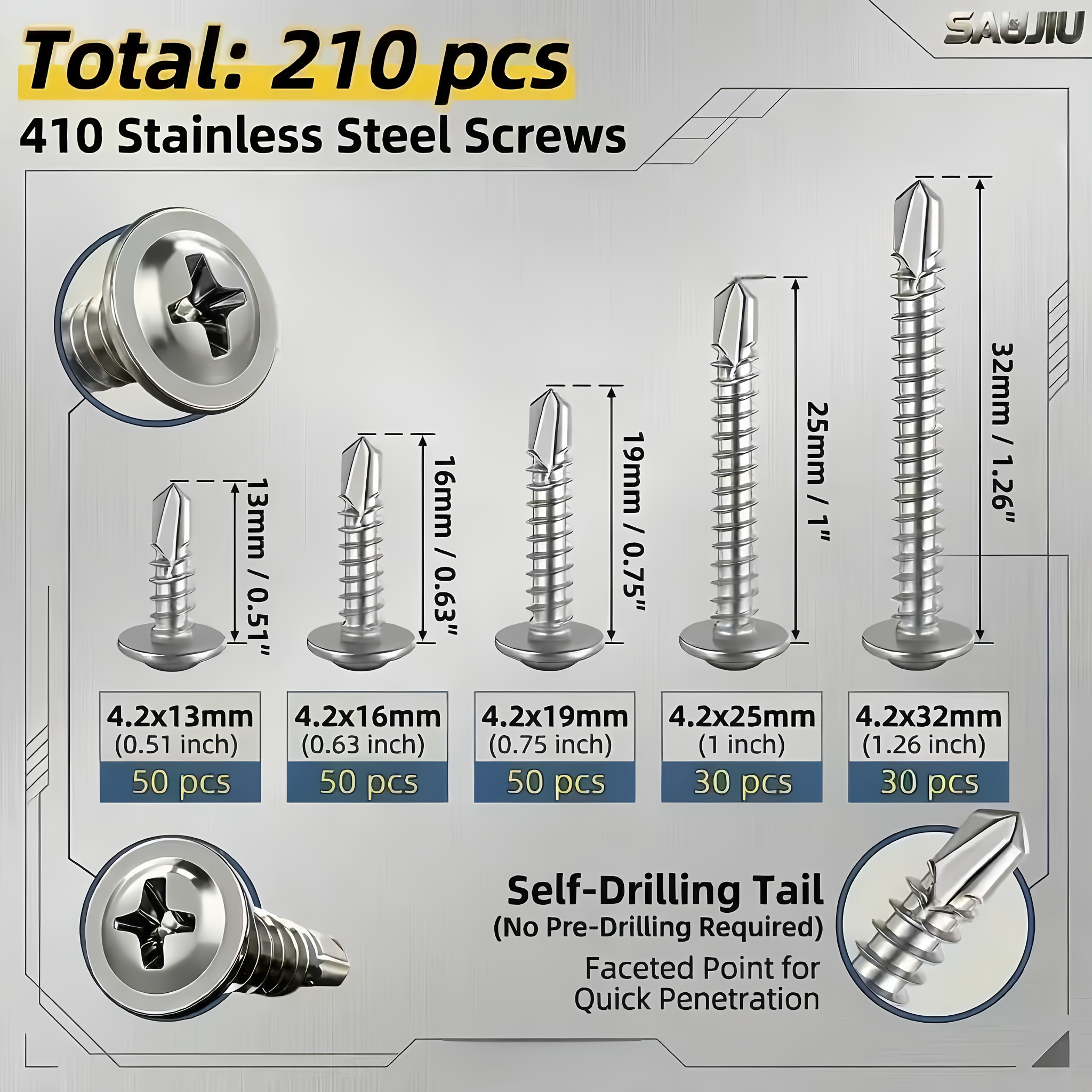 TEMU Set di 210 viti autoforanti in acciaio inossidabile 410, kit assortimento di viti TEK a testa a trave #8, 5 dimensioni di viti per , elementi di