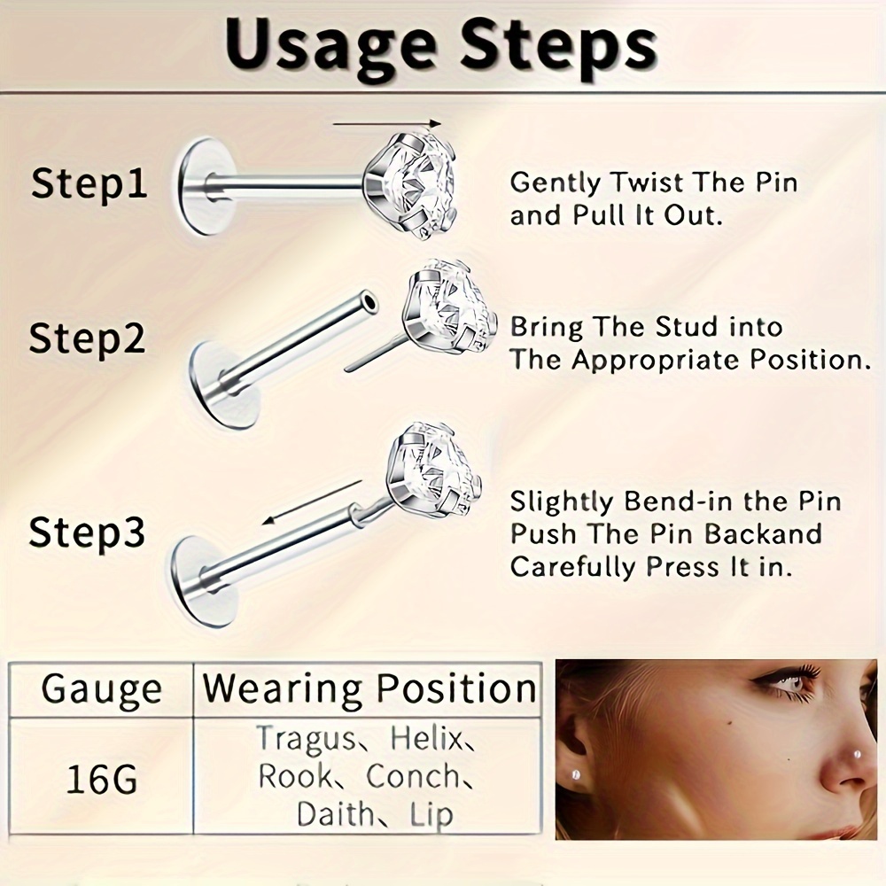 5pcs Threadless Push-In Nose Stud & Ear Stud Set