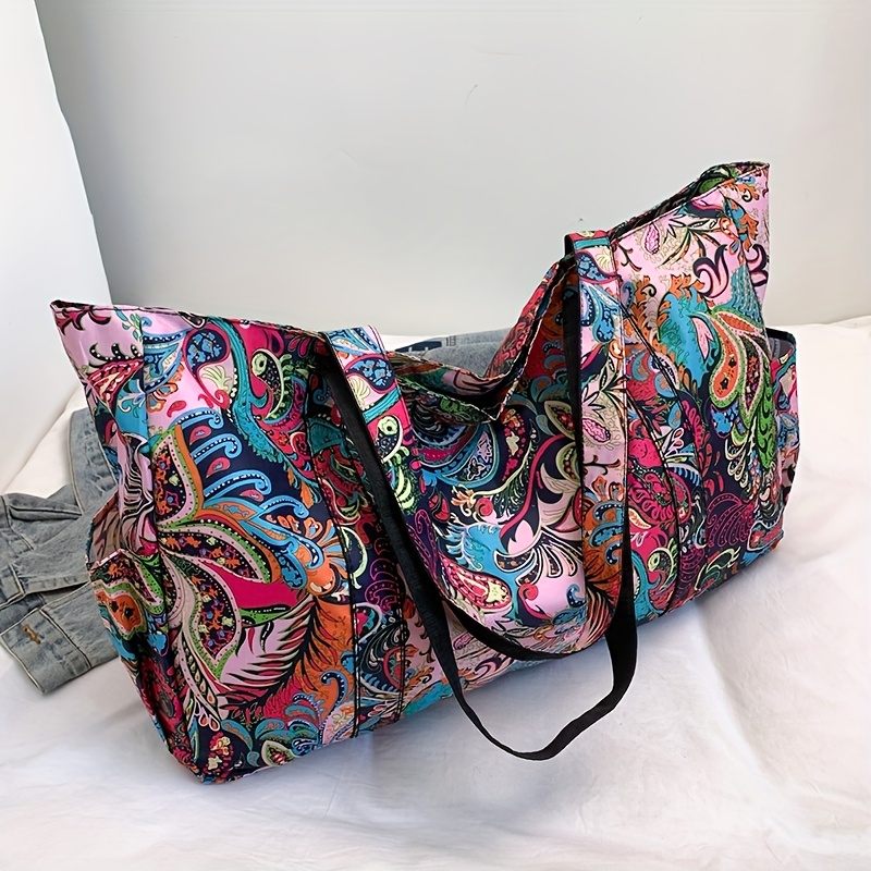 Image of Large Capacity Nylon Tote Bag Suitable For Travel & Beach - Foldable Ethnic Print Zipper Closure Handbag With Shoulder Straps, Durable Portable Luggage Carrier For Vacation, Gym, Shopping (sky //)