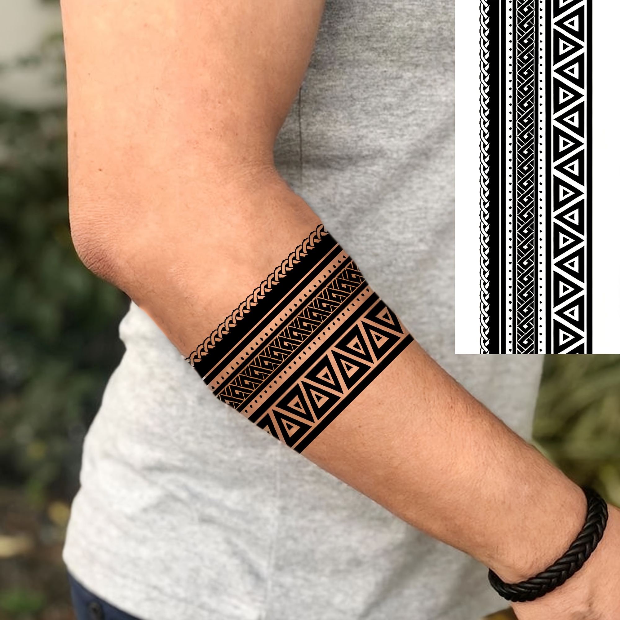 A Black Tribal Maori Arm Band Temporary Tattoo Sticker Suitable For Adults, To Body Parts Including Hands, Fingers, Feet, Neck, Collarbone, Waist, Legs, Thighs, Shoulders, Ankles, Forearms, Calves
