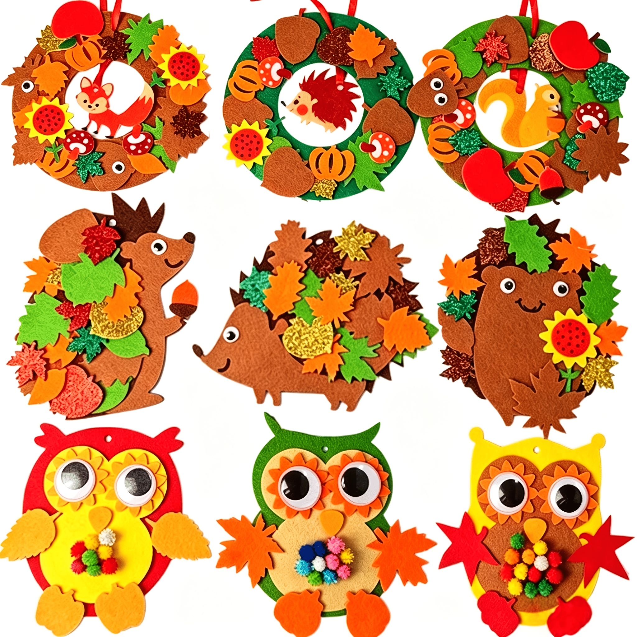 Image of 9pcs Autumn Thanksgiving Hanging Decorations - Handcrafted , Including , Hedgehogs, Squirrel Wreaths, Autumn , Suitable For Halloween, No Electricity Needed, Featherless, Thanksgiving Holiday Decor