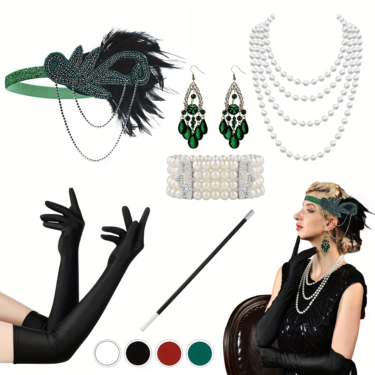 

D 1920s Flapper Accessories Set For Women, 6pcs - Elegant Headpiece And Headband, Themed Parties, Costumes, And Vintage Events