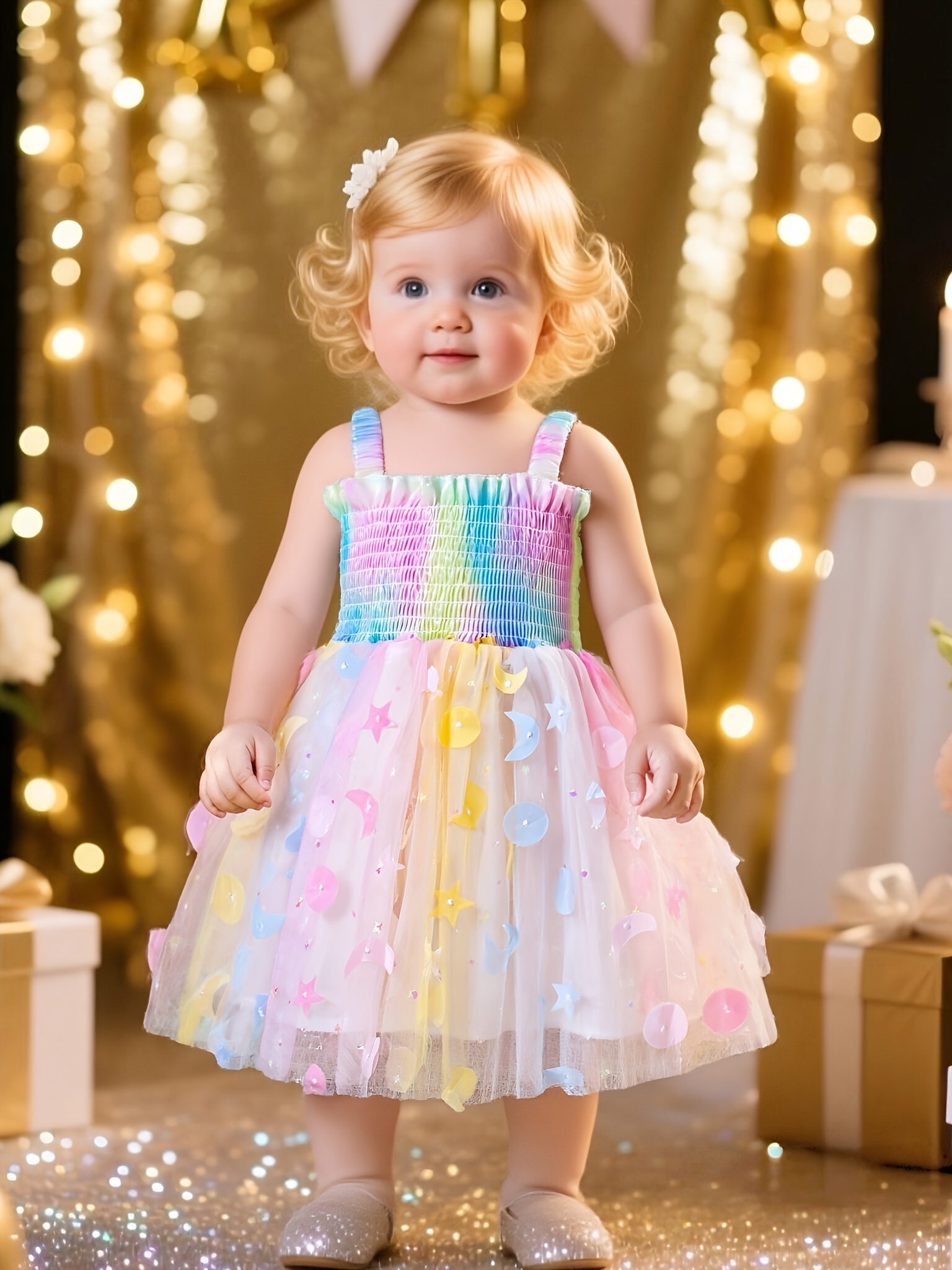 * Girls' * Colorful Stars and Moon Tulle Princess Puffy Skirt,  Autumn/Winter Gorgeous * Glitter Dress, Girls' Back * Wings Rainbow Fairy  Mesh Skirt