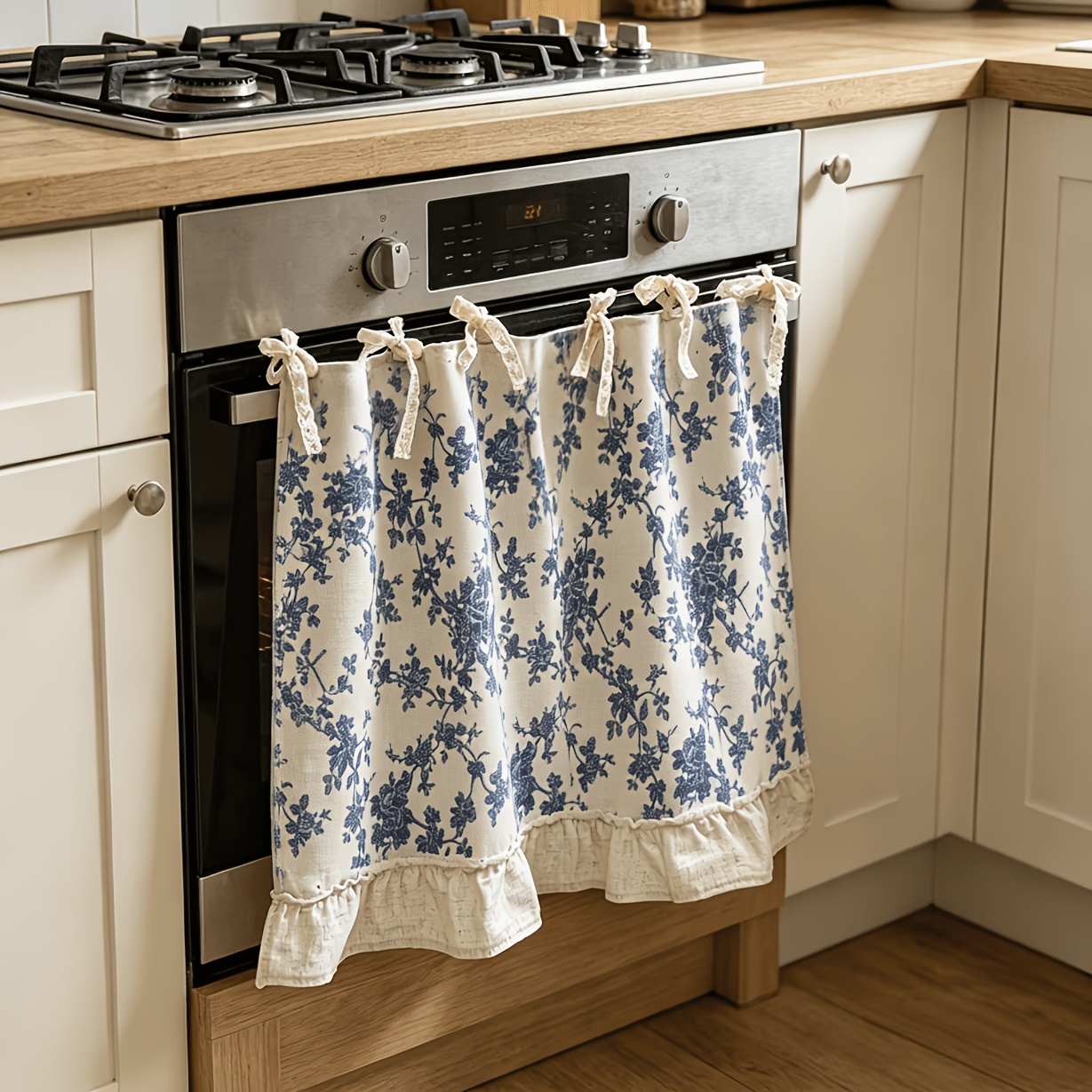 TEMU Vintage Blue Rose Pattern Hand-baked Oven Skirt - Country Style (lace And Ruffle Trim), Appliance Dust Cover - Suitable For Decorating Ovens,