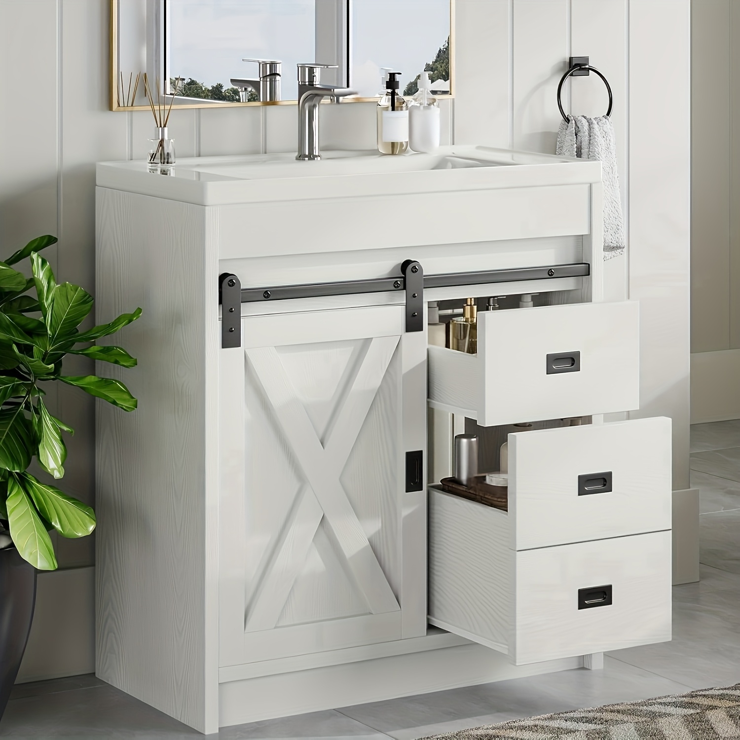 Farmhouse Bathroom With Sink, White Bathroom Cabinet With 3 Drawers & Sliding Barn Door, Small Bath Storage Sink Set With Metal Handles