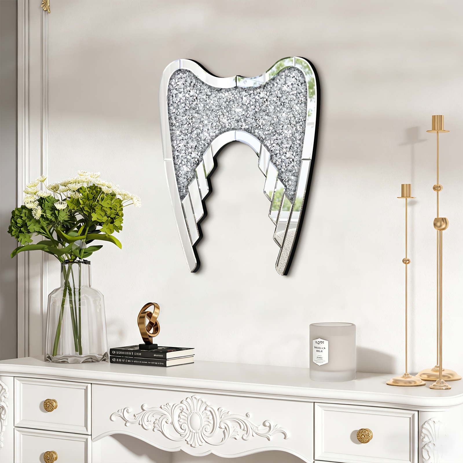 Wing Crushed Diamond Mirrored Wall Art, Silvery Sparkly Crystal Inlay Mirror Wall Sculpture Decor For Living Room Fireplace Entryway
