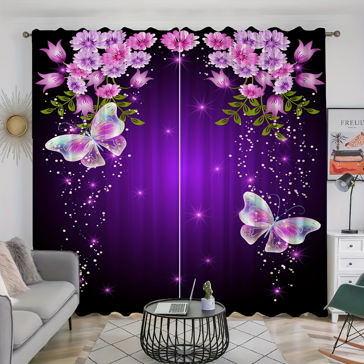 

2pcs, Flower And Transparent Colorful Butterfly Printed Curtains, Rod Pocket Curtain, Suitable For Restaurants, Public Places, Living Rooms, Bedrooms, Offices, Study Rooms, Home Decoration