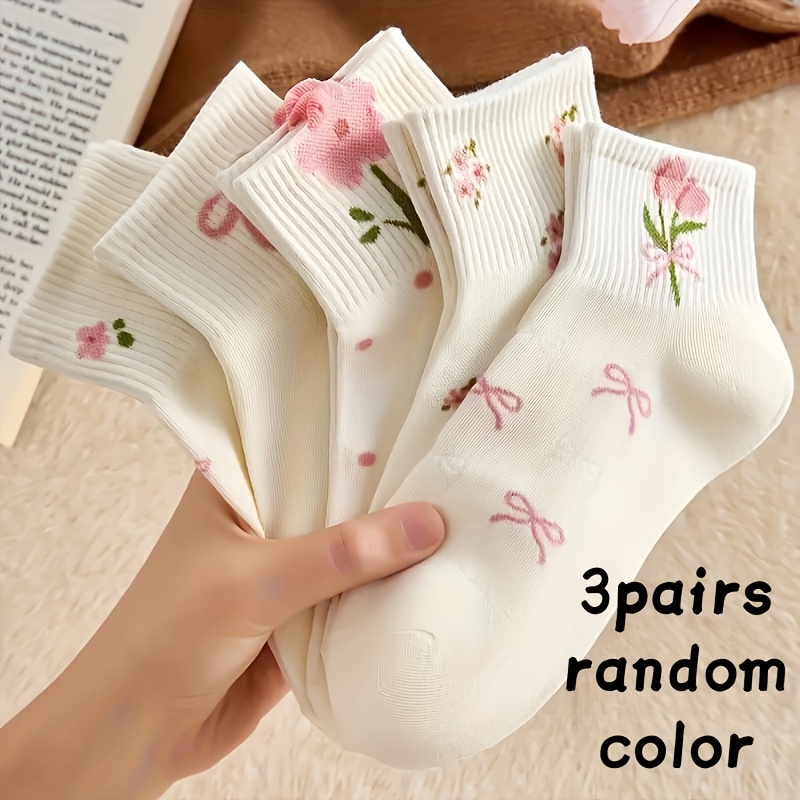 E-shop 3 Paar Damen Süße Blumen Schleife Muster Mid-Calf Socken (Zufällige Stile) - Frisch und Elegant, Vielseitig, Atmungsaktiv und Bequem, Geeignet