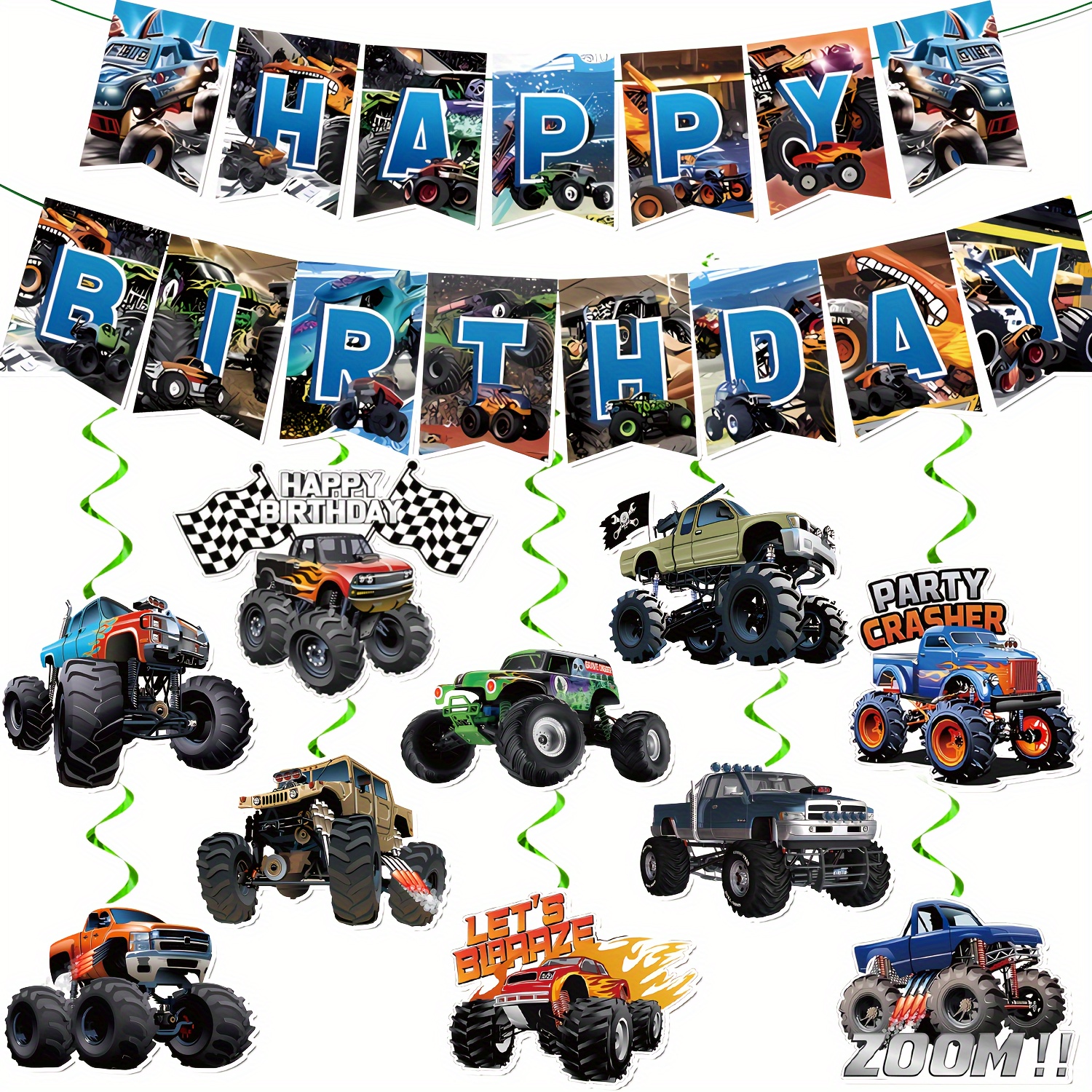 

35 Pcs Monster Truck Birthday Party Banner And Streamer Set - Paper Decorations With Trucks And Spiral Streamers - Suitable For Truck Themed Birthday Parties