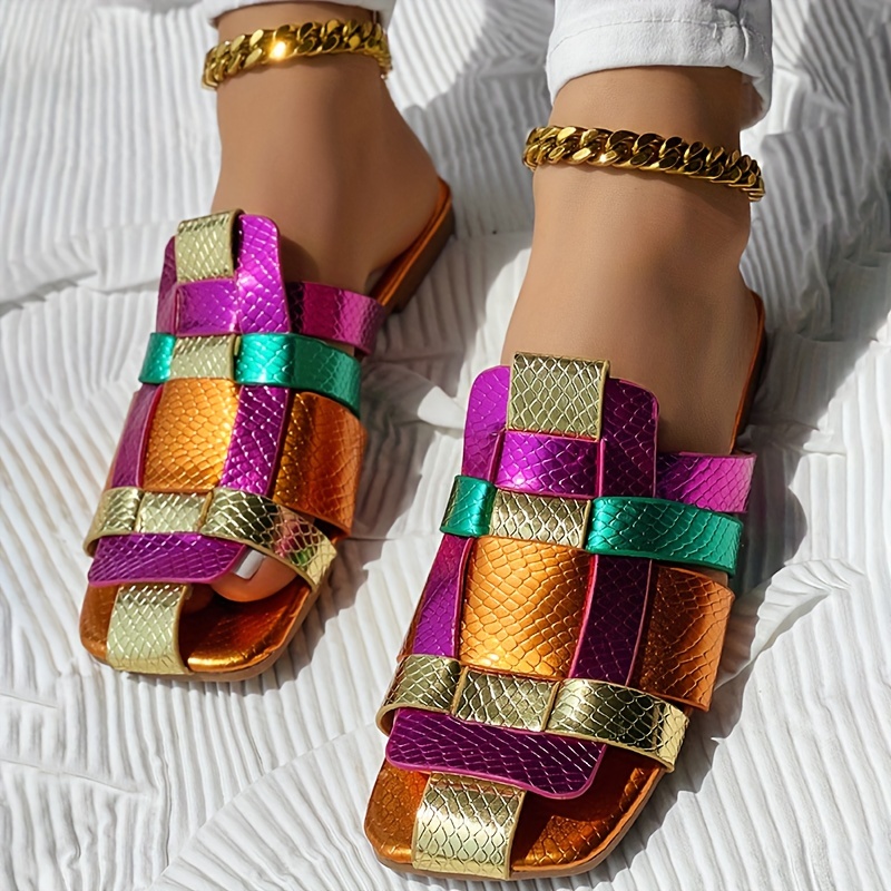 women s colorful woven slide sandals flat summer slides details 1