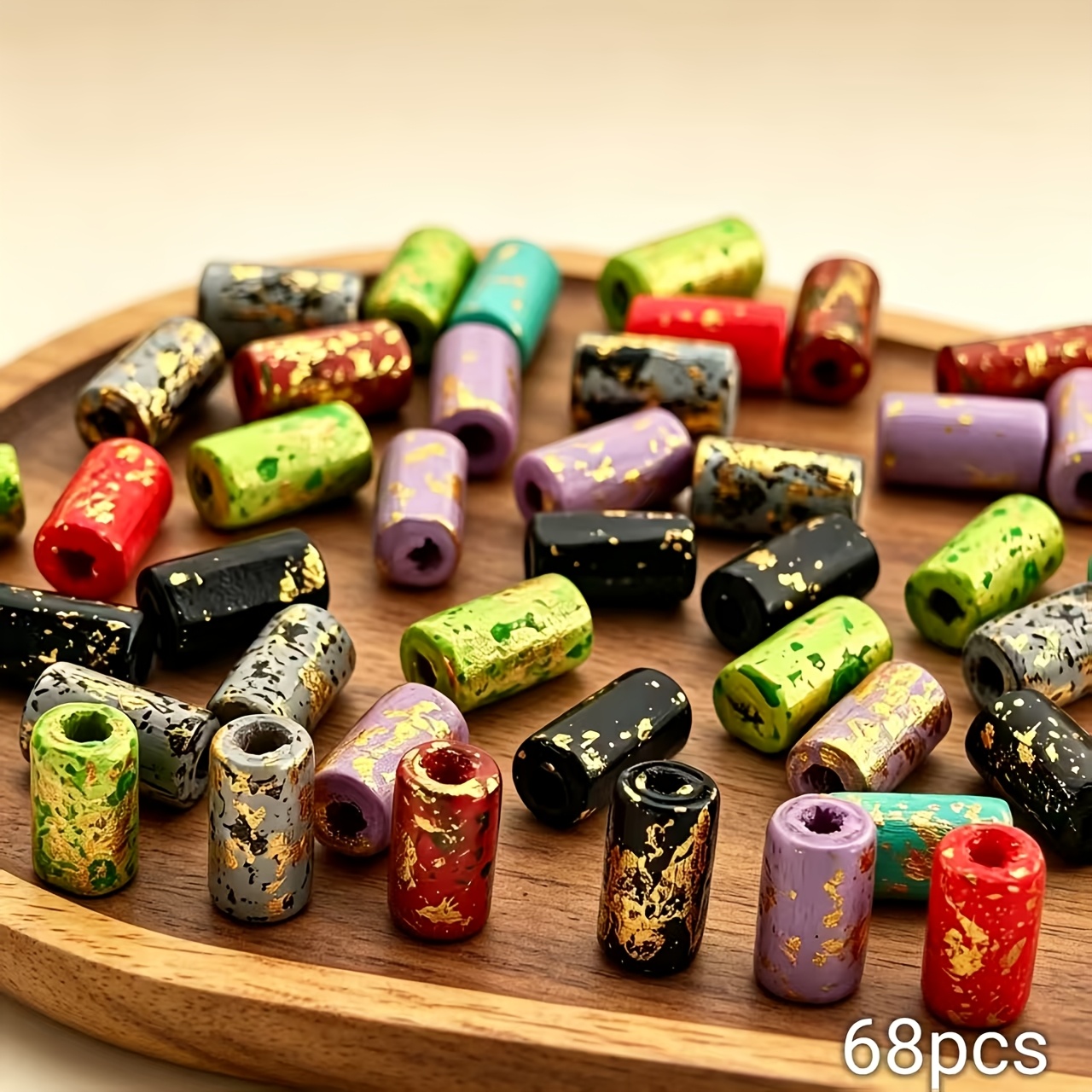 TEMU 68 pièces de perles en vrac cylindriques en bois naturel de 12 mm avec paillettes de , perles en bois pour vêtements, chaussures, bottes et