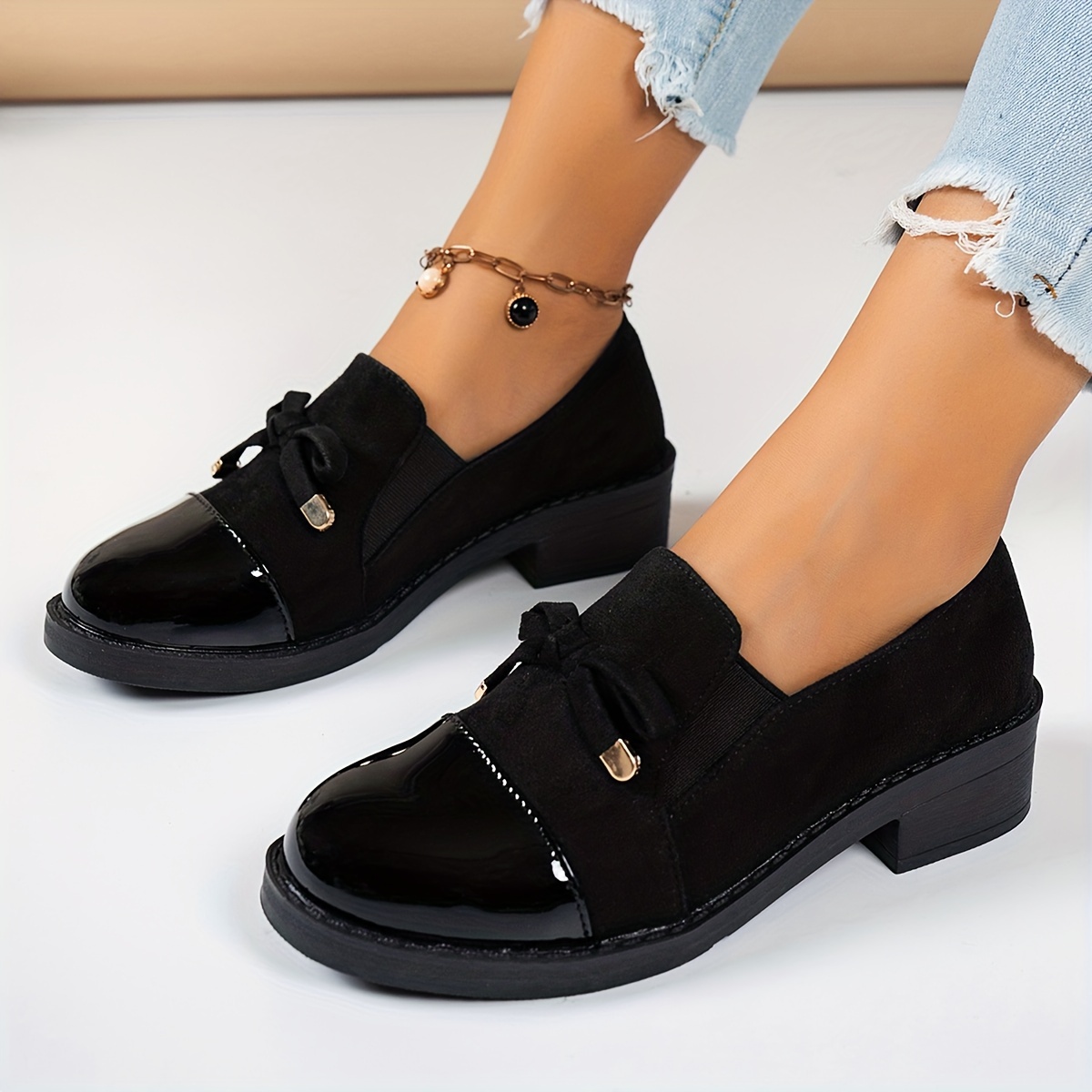 1 pair womens classic penny loafers comfortable slip on   shoes with rubber sole fabric lining and insole   upper round toe solid color bowknot detail for   details 2