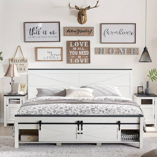 okd king farmhouse wood bed frame with sliding barn door storage cabinets solid wood slats support noiseless spring needed