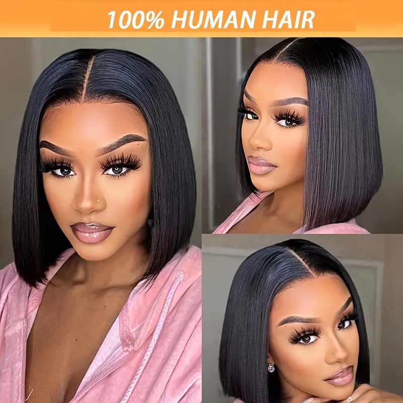  13x4 bob lace front wig real human hair 150 density straight short style in natural black transparent lace for a seamless look elegant versatile for all women details 3