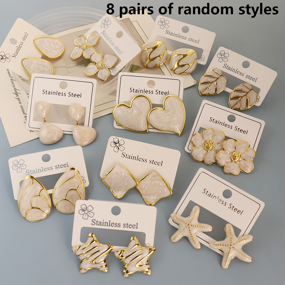 TEMU Juego de 5 o 8 de aretes de acero inoxidable 316 con esmalte en estilos aleatorios de flores/hojas/corazones, accesorios versátiles de lujo y