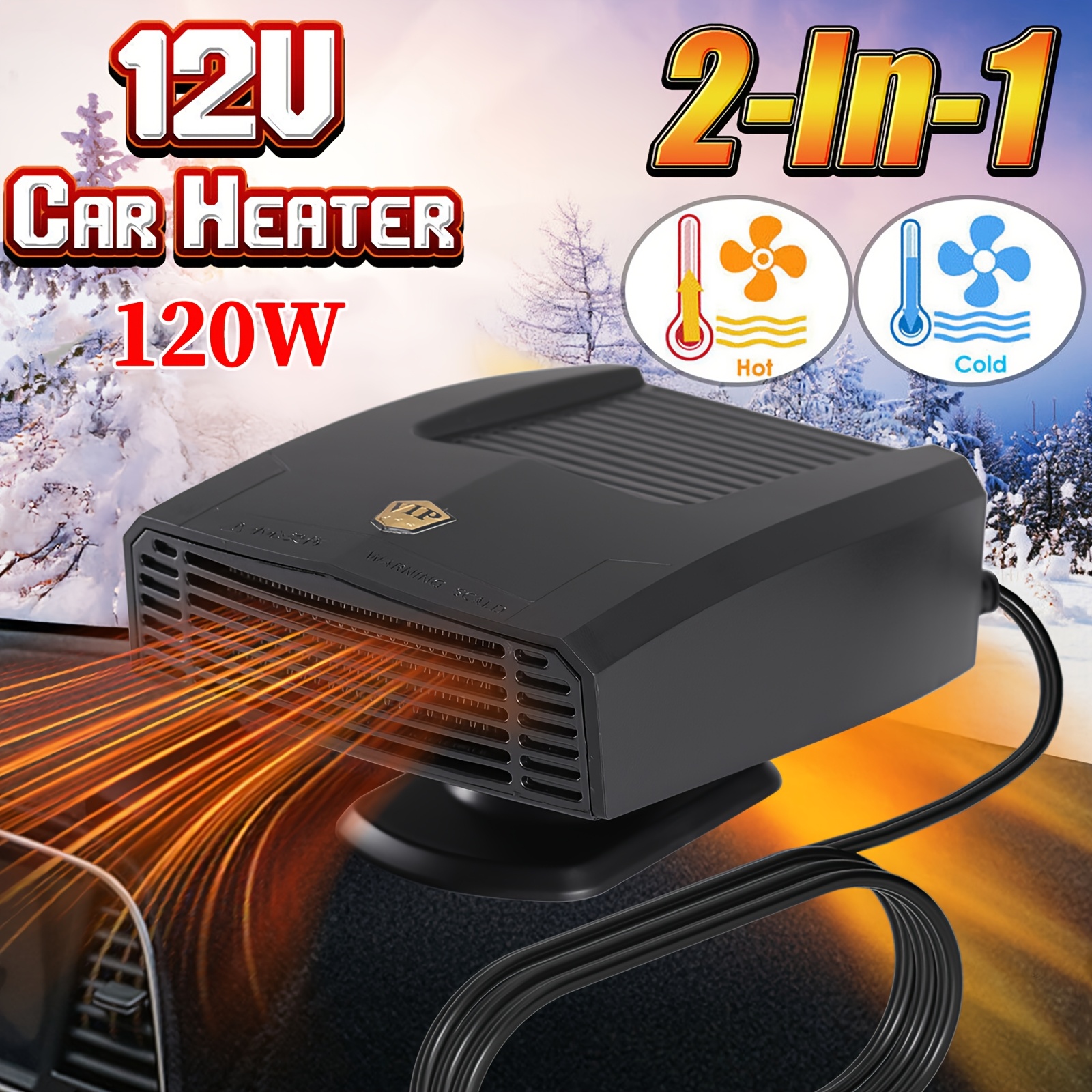 TEMU 120w Car Defroster Heater, 360° Rotating Portable 12v Fan For Windshield Ice Removal, Dual Hot/cold Air & Car Plug Plug