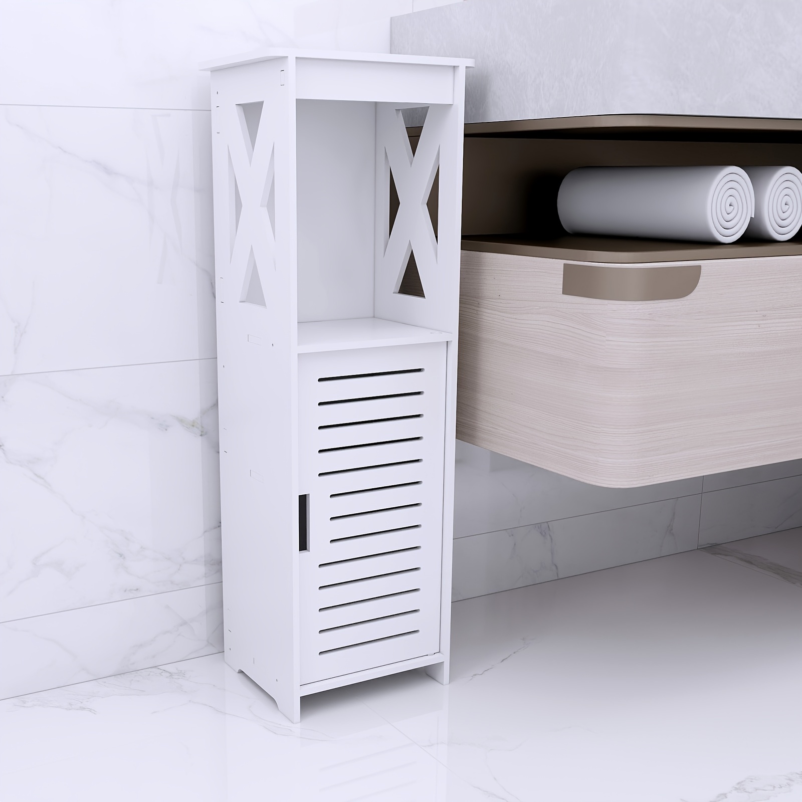 Bathroom Floor Cabinet, Freestanding Bathroom Storage Unit With Daily Use Layer And Cupboard Double Door, Pvc Cabinet For Store Toilet Paper, Shampoo, White 26*20*75cm, Shelves